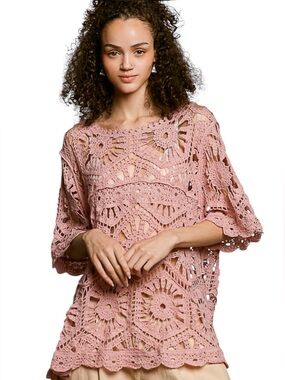 POL Rose Pink Crochet open knit short sleeve Top